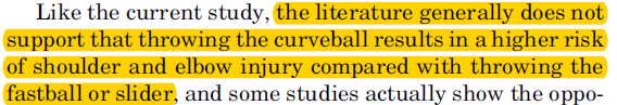 literature shows no increased injury risk with curveball